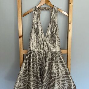 BeBe Sequin Fit & Flare Dress, Beige with Pewter Sequins